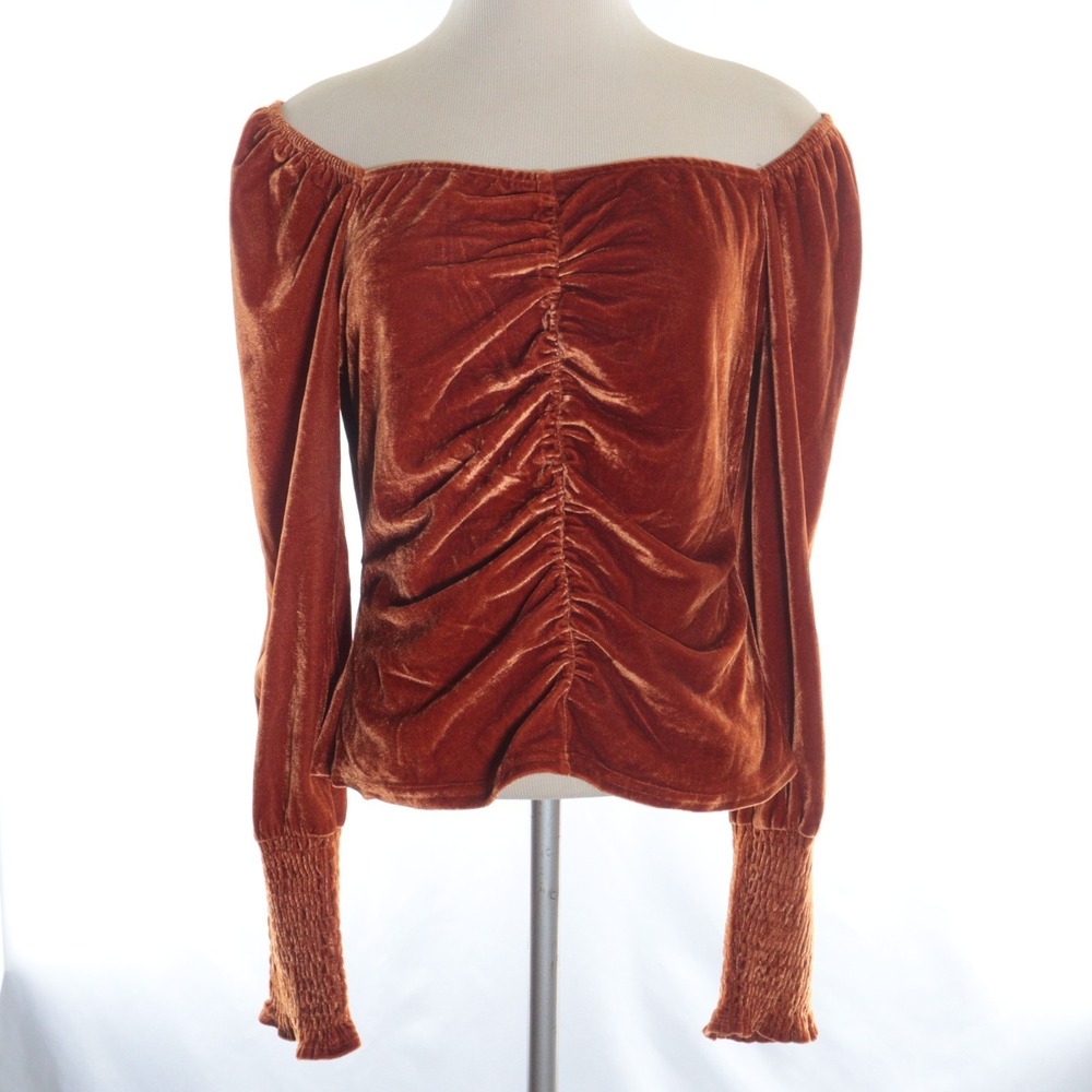Amber Shu Velvet Ruched Top Peasant Sleeve Renaissance Burnt Orange‎ Bohemian L